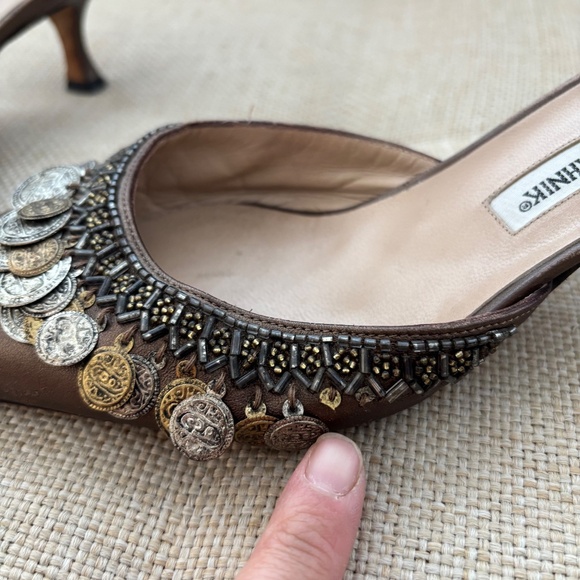 Manolo Blahnik 2000s Silver & Gold Coin Brown Leather Mule Heels - Picture 6 of 13